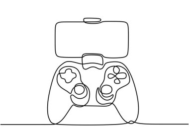 Oyun konsolu ve joystick 'in durmaksızın çizdiği çizgi. Minimalist bir temsilde temel oyun ekipmanlarını vurgular.