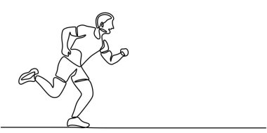 Sürekli ileri doğru koşan bir adamın çizdiği çizgi. Minimalist tasarım atletizm ve hareketi yakalıyor. Vektör illüstrasyonu.