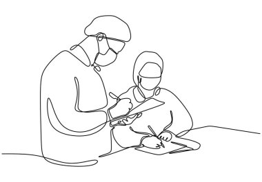 Yazarken maske takan iki kişinin durmaksızın çizdiği çizgi. Araştırma ortamlarında işbirliği ve güvenliği sembolize ediyor. Vektör illüstrasyonu.