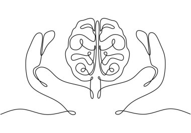 İki elle tutulan bir beynin kesintisiz çizimi. Zeka ve özenin basit bir gösterimi. Vektör illüstrasyonu.