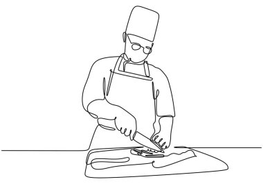 Tek sıra halinde bir şefin malzemeleri dilimlemesi. Minimalist tasarım gıda hazırlıklarına odaklanıyor. Vektör illüstrasyonu.