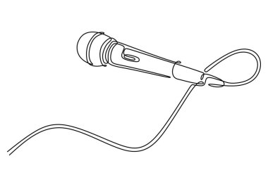 Kablolu bir mikrofonun aralıksız çizgisi çizimi. Sesin performans ve kayıtlardaki önemini minimalist bir yaklaşımla vurgular.