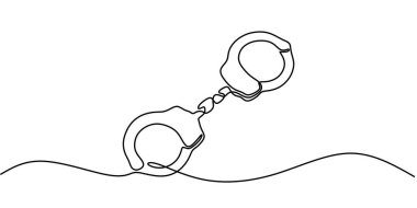 Sürekli bir çift kelepçe çizimi. Minimalist tasarım, kolluk kuvvetlerini ve kısıtlamayı simgeliyor. Vektör illüstrasyonu.