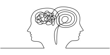 Baş dönmesi hisseden iki kafa çizimi. Kafa karışıklığının ve stresin minimalist bir temsili. Vektör illüstrasyonu.