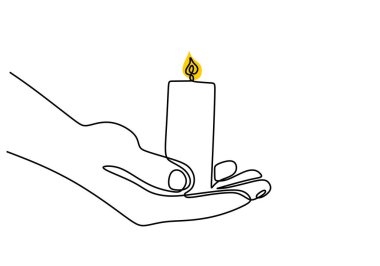 El üstünde duran bir mumun aralıksız çizimi. Işığı ve umudu minimalist bir şekilde yansıtıyor. Vektör illüstrasyonu.