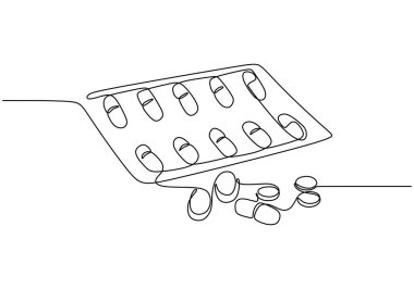 Çeşitli ilaçların kesintisiz çizimi. Sağlık ve tedaviyi vurgulayan basit bir örnekleme. Vektör illüstrasyonu.