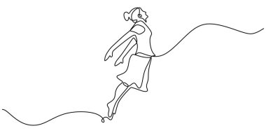 Neşeli bir şekilde atlayan bir kadının durmaksızın çizdiği çizgi. Minimalist illüstrasyon coşku ve mutluluk sergiliyor. Vektör illüstrasyonu.