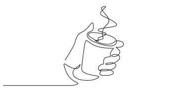 Kahve fincanı tutan bir elin durmaksızın çizdiği çizgi. Kahve severler için basit bir tasarım. Vektör illüstrasyonu.