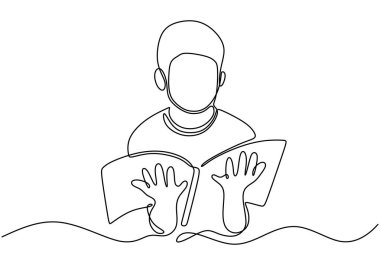 Bir çizgi, bir çocuğun kitap okuması. Öğrenme ve büyüme için minimalist tasarım. Vektör illüstrasyonu.