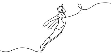 Şapkalı bir adamın sıçrayışının bir çizgisi. Minimalist tasarım, hareket ve coşku sergiliyor. Vektör illüstrasyonu.