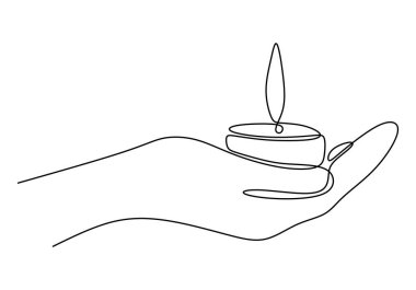 El üstünde duran bir mumun aralıksız çizimi. Işık ve umudu temsil eden basit bir illüstrasyon. Vektör illüstrasyonu.