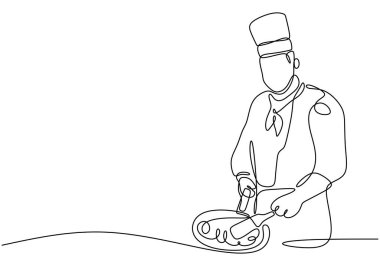 Mutfakta yemek hazırlayan bir şef çizimi. Basit ve modern yemek tasviri. Vektör illüstrasyonu.