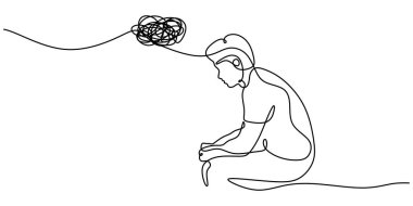 Baş dönmesi ve yansıma hisseden bir insanın durmaksızın çizdiği çizgi. Basit tasarım derin düşüncenin duygularını yakalıyor. Vektör illüstrasyonu.