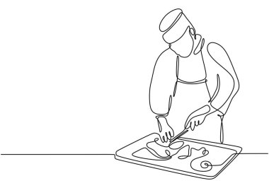 Mutfakta çalışan bir şefin tek sıra çizimi. Minimalist illüstrasyon gösterisi aşçılık yeteneği. Vektör illüstrasyonu.