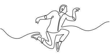 Zıplamanın ortasında bir adamın durmaksızın çizdiği çizgi. Heyecanın özünü yansıtan basit bir tasvir. Vektör illüstrasyonu.