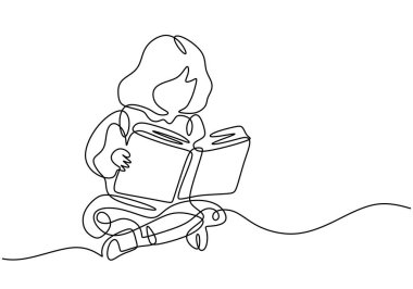 Kitaptan zevk alan bir kızın durmaksızın çizdiği çizgi. Edebiyatın harikasını yansıtıyor. Vektör illüstrasyonu.