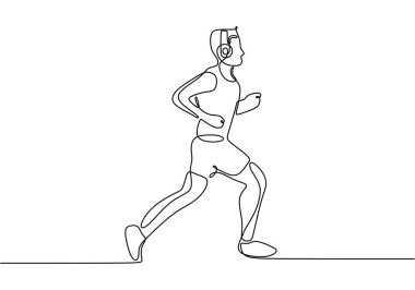 Kulaklıkla koşan bir adamın durmaksızın çizdiği çizim. Modern fitness ve aktiviteyi temsil eden basit bir tasarım. Vektör illüstrasyonu.