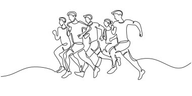 Bir grup insanın atletik bir bağlamda birlikte koşup enerji ve dostluk sergilediği kesintisiz çizgi çizimi. Formunu ve takım çalışmasını temiz bir şekilde temsil eder.