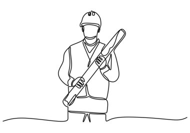 Elinde iş evrakları olan bir mühendisin çizimi. Mühendislik işinin detaylı ve sistemli doğasını resmetmek. Vektör illüstrasyonu.