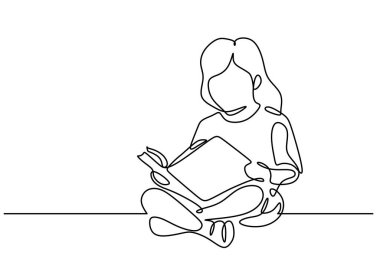 Derinden okumaya odaklanmış bir kızın çizimi. Hikayelerin sihrini temsil ediyor. Vektör illüstrasyonu.