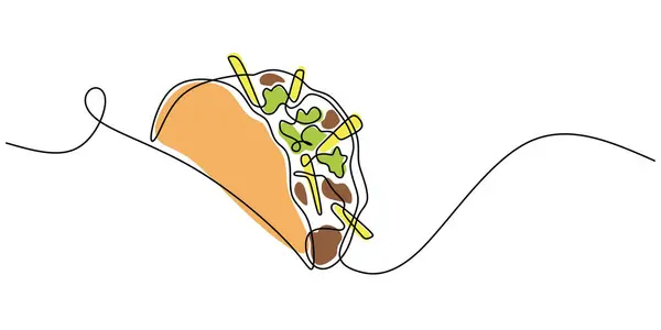 Taze taco 'nun kesintisiz çizimi. Klasik bir Meksika yemeğini temsil eden minimalist tasarım. Vektör illüstrasyonu.