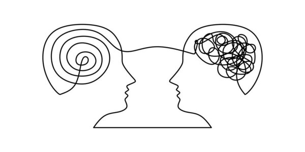Однолинейный рисунок двух голов с закрученными, замысловатыми линиями. Минималистский дизайн символизирует сложность и связь. Векторная иллюстрация.