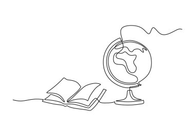 Küre ve kitap sürekli bir çizgi çiziyor. Eğitim ve okul konseptine geri dönüş. Vektör illüstrasyon minimalist arkaplanı.