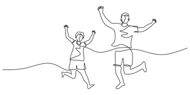 Baba ve oğul sürekli bir çizgi çiziyor. Ebeveynlik kavramı. Vektör illüstrasyon minimalist arkaplanı.