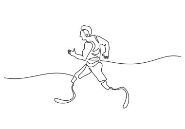 Engelli adam sürekli bir çizgi çekiyor. Fiziksel engelli sporcu konsepti. Vektör illüstrasyon minimalist arkaplanı.