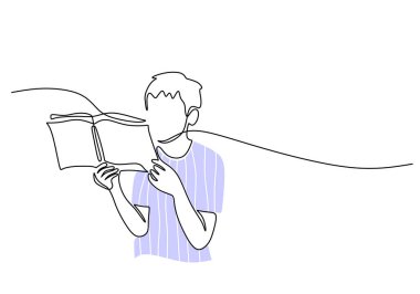 Çocuklar aralıksız bir çizgi çizerek kitap okuyorlar. Eğitim konsepti. Vektör illüstrasyon minimalist arkaplanı.