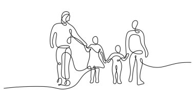 Aile sürekli bir çizgi çiziyor. Ebeveynlik kavramı. Vektör illüstrasyon minimalist arkaplanı.