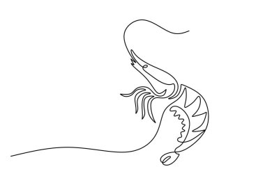 Karides aralıksız bir çizgi çiziyor. Okyanus hayvanı deniz yiyeceği konsepti. Vektör illüstrasyon minimalist arkaplanı.