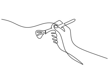 El ele tutuşan yüz fırçası sürekli bir çizgi çiziyor. Güzellik ve moda konsepti. Vektör illüstrasyon minimalist arkaplanı.