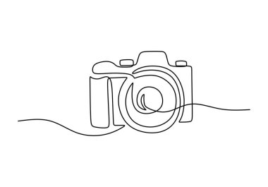 Kamera sürekli bir çizgi çiziyor. Elektronik Gadget konsepti. Seyahat ve fotoğraf malzemeleri. Vektör illüstrasyon minimalist arkaplanı.