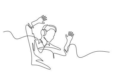 Adam sürekli kulaklık takıyor. İnsanlar eğlence konsepti. Vektör illüstrasyon minimalist arkaplanı.