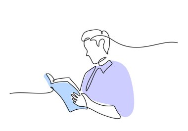 Çocuk sürekli bir çizgi çizerek kitap okuyordu. Eğitim konsepti. Vektör illüstrasyon minimalist arkaplanı.