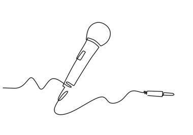 Mikrofon sürekli bir çizgi çiziyor. Podcast ses ve müzik kayıt sembolü için eski ya da eski mikrofon. Vektör illüstrasyon minimalist arkaplanı.