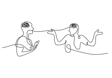 Kafası karışık insanlar sürekli bir çizgi çizerek konuşuyorlar. Psikoloji ve akıl sağlığı konsepti. Vektör illüstrasyon minimalist arkaplanı.