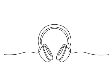 Kulaklık sürekli bir çizgi çiziyor. Müzik dinleme cihazı ve eğlence konsepti. Vektör illüstrasyon minimalist arkaplanı.