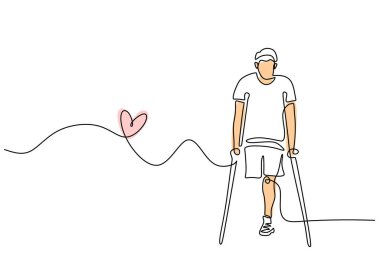 Sürekli tek bir çizgi çizen engelli bir adam. Koltuk değnekleri olan engelli insanlar. Vektör illüstrasyon minimalist arkaplanı.