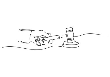 Çekiç yargıcı sürekli bir çizgi çekiyor. Hukuk ve adalet kavramı. Vektör illüstrasyon minimalist arkaplanı.