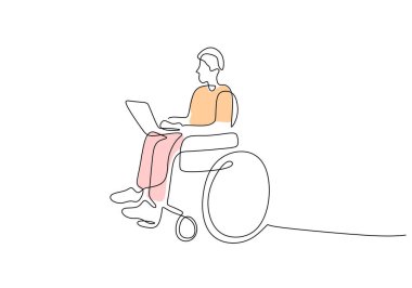 Dizüstü bilgisayarlı engelli insanlar sürekli bir çizgi çiziyor. Tekerlekli sandalyeli bir adam dizüstü bilgisayar üzerinde çalışıyor. Vektör illüstrasyon minimalisti.