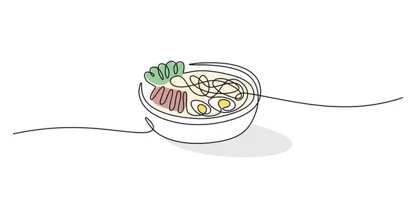 Ramen sürekli bir çizgi çiziyor. Çeşitli malzemelerle erişte. Geleneksel Çin ve Japon yemekleri kasenin üzerinde. Vektör illüstrasyon minimalist..
