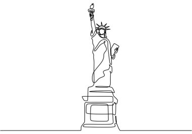 Özgürlük Anıtı 'nın aralıksız bir çizimi. Vatansever kavramlar için simgesel Amerikan simgelerinin minimalist doğrusal tasarımı. Basit el çizimi resim çizimi.