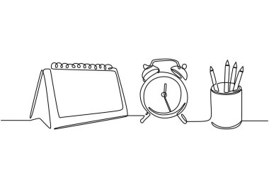 One continuous line drawing of a calendar, alarm clock, and stationery. Simplified design for planning and productivity themes. Minimalist hand-drawn illustration. clipart