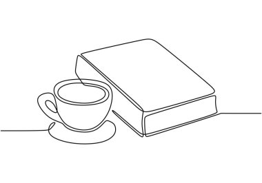 Cup of coffee and a book in one continuous line drawing. Minimalist design perfect for relaxation and reading concepts. Simple hand-drawn linear illustration. clipart