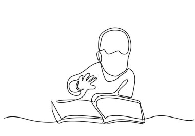Çocuk aralıksız bir çizgi çizerek kitap okuyor. Eğitim ve bilgi temaları için basitleştirilmiş el yapımı tasarım. Minimalist doğrusal sanat.
