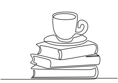 Cup of coffee on top of a stack of books in one continuous line drawing. Minimalistic linear design for relaxation and reading themes. Hand-drawn line art. clipart