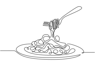 Bir tabak erişteli çatal ya da aralıksız çizim yapan bir spagetti. Yemek ve yemek temaları için minimalist tasarım. Basit el çizimi doğrusal sanat.