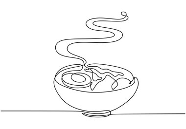 Aralıksız bir çizgi çizerek bir kase ramen. Asya mutfağı ve konforlu yiyecekler için minimalist tasarım. Yemek zevki için elle çizilmiş illüstrasyon.
